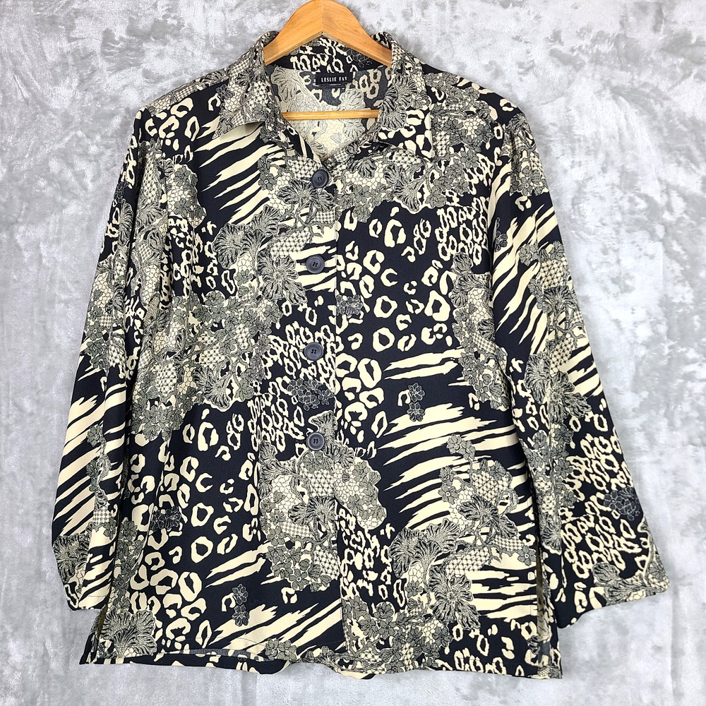 Leslie Fay Black Cream Floral Animal Print Button Up Blouse Artsy Womens Size 14